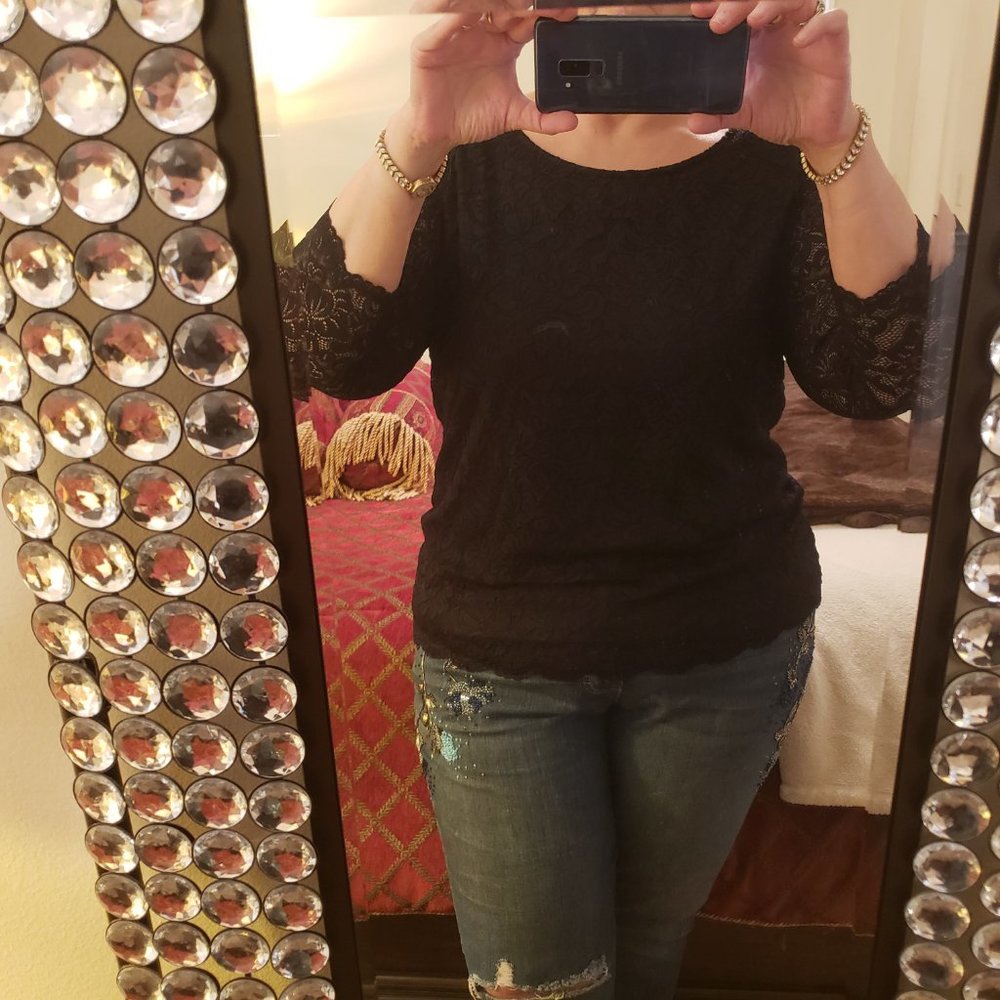 Roamans Black Lace Blouse Lined Size 14/16